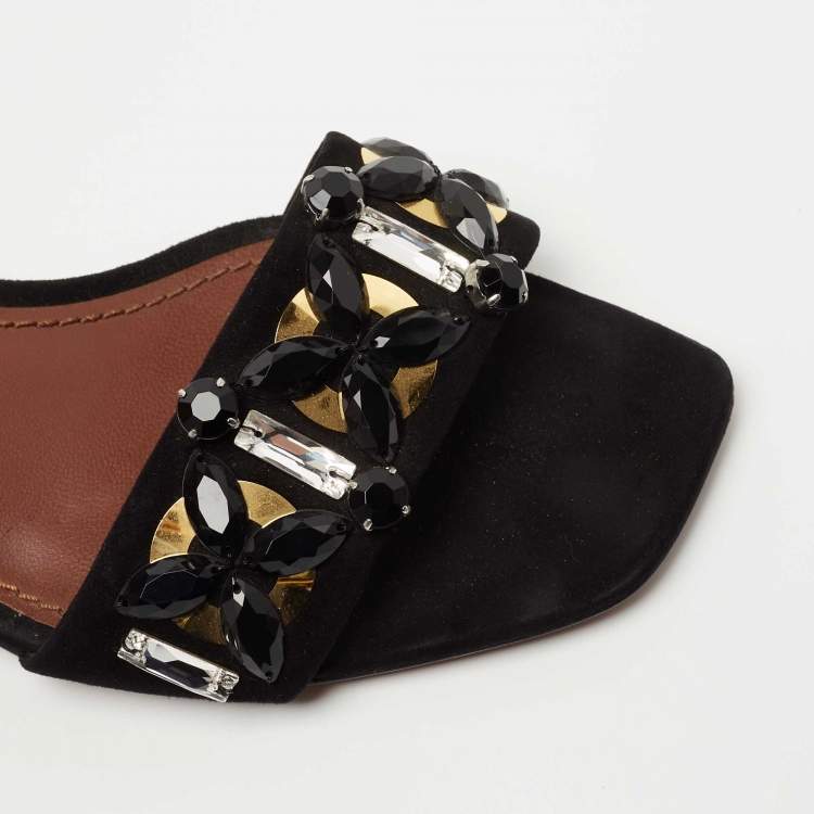 Pre Owned Louis Vuitton Black/Brown Crystal Embellished Suede and Leather Ankle Strap Sandals Size 38