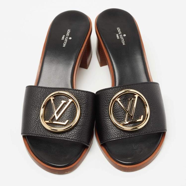 Pre Owned Louis Vuitton Black Leather Lock It Slide Sandals Size 40