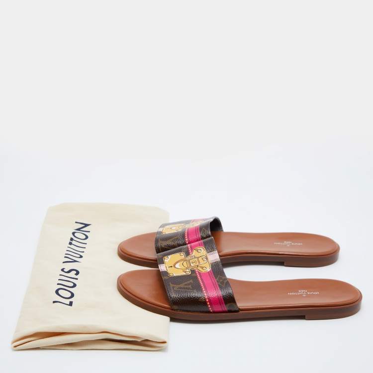 Pre Owned Louis Vuitton Brown Monogram Canvas Summer Trunks Flat Slides Size 39.5