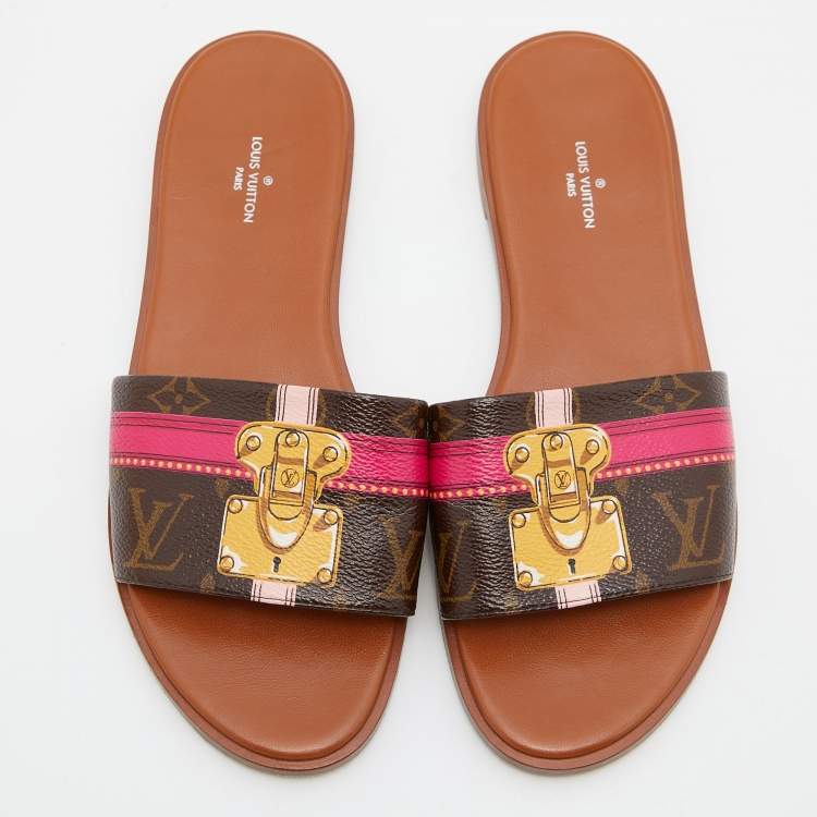 Pre Owned Louis Vuitton Brown Monogram Canvas Summer Trunks Flat Slides Size 39.5