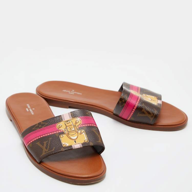 Pre Owned Louis Vuitton Brown Monogram Canvas Summer Trunks Flat Slides Size 39.5