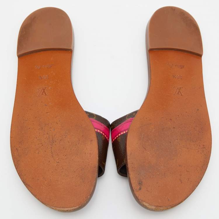 Pre Owned Louis Vuitton Brown Monogram Canvas Summer Trunks Flat Slides Size 39.5