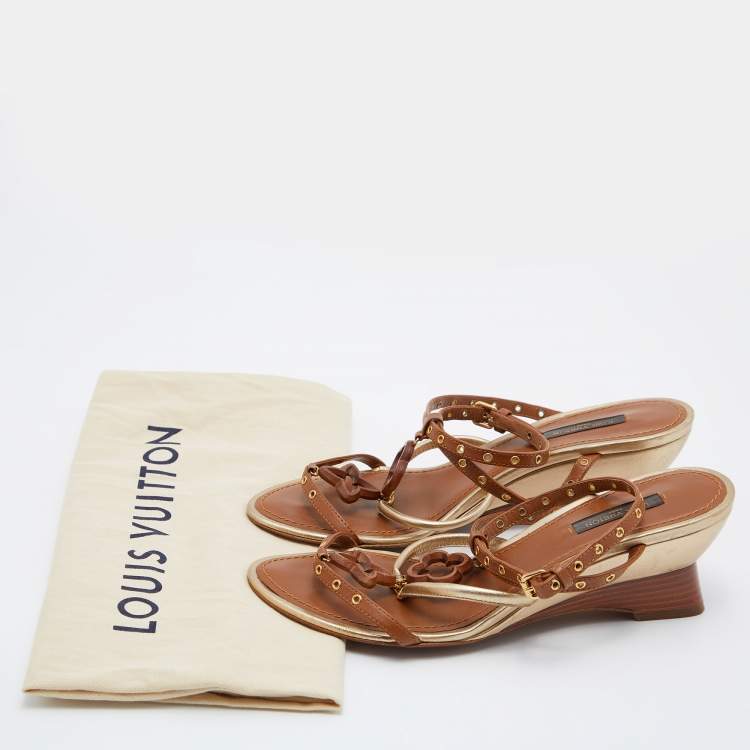 Pre Owned Louis Vuitton Brown/Gold Leather Strappy Wedge Sandals Size 37.5