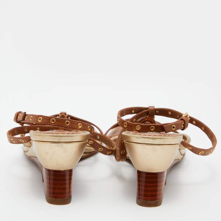 Pre Owned Louis Vuitton Brown/Gold Leather Strappy Wedge Sandals Size 37.5