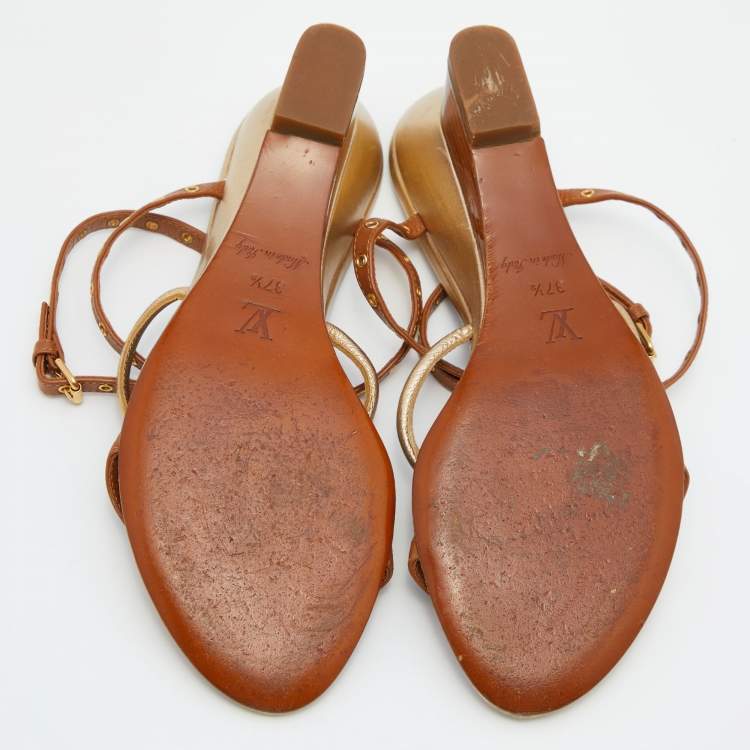 Pre Owned Louis Vuitton Brown/Gold Leather Strappy Wedge Sandals Size 37.5