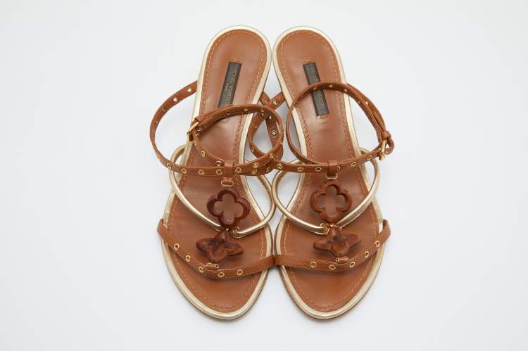 Pre Owned Louis Vuitton Brown/Gold Leather Strappy Wedge Sandals Size 37.5