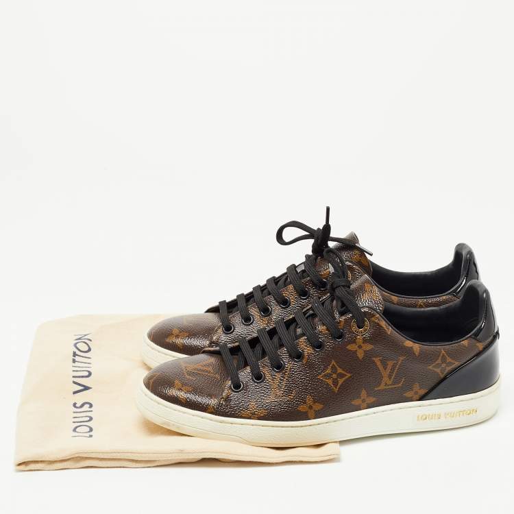 Pre Owned Louis Vuitton Brown/Black Monogram Canvas and Patent Leather Frontrow Sneakers Size 38.5