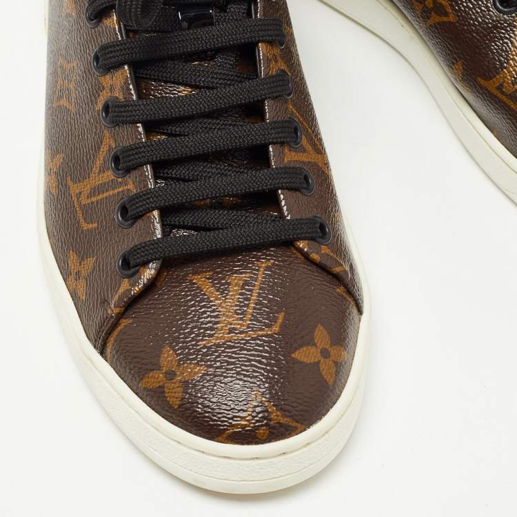 Pre Owned Louis Vuitton Brown/Black Monogram Canvas and Patent Leather Frontrow Sneakers Size 38.5