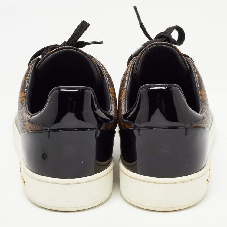 Pre Owned Louis Vuitton Brown/Black Monogram Canvas and Patent Leather Frontrow Sneakers Size 38.5