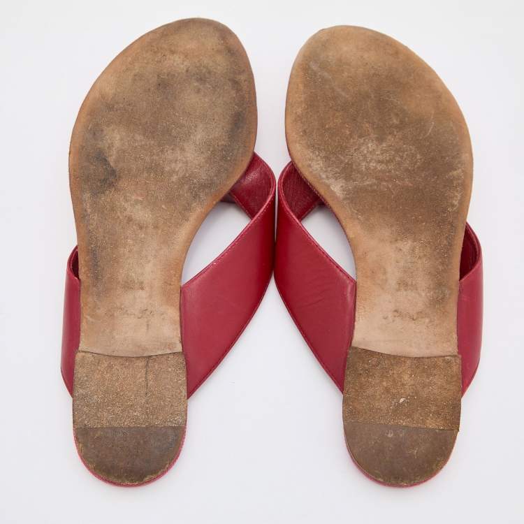 Pre Owned Louis Vuitton Red Leather Cube Thong Flat Slides Size 38.5