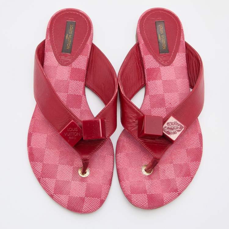 Pre Owned Louis Vuitton Red Leather Cube Thong Flat Slides Size 38.5