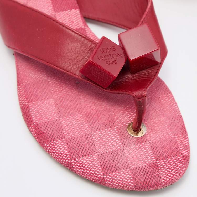 Pre Owned Louis Vuitton Red Leather Cube Thong Flat Slides Size 38.5