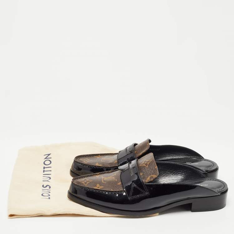 Pre Owned Louis Vuitton Brown/Black Monogram Canvas and Patent Leather Academy Loafer Mules Size 38.5