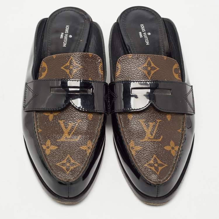 Pre Owned Louis Vuitton Brown/Black Monogram Canvas and Patent Leather Academy Loafer Mules Size 38.5