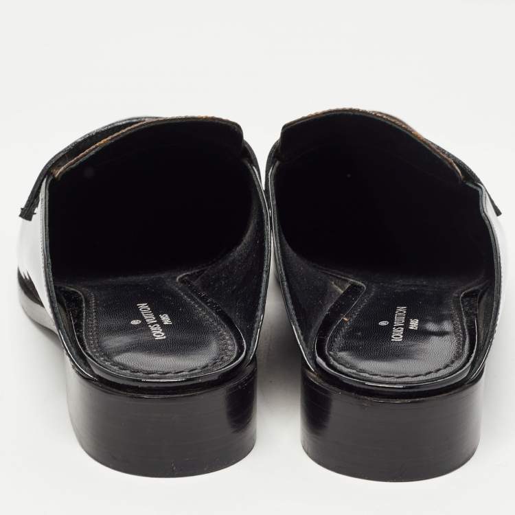 Pre Owned Louis Vuitton Brown/Black Monogram Canvas and Patent Leather Academy Loafer Mules Size 38.5