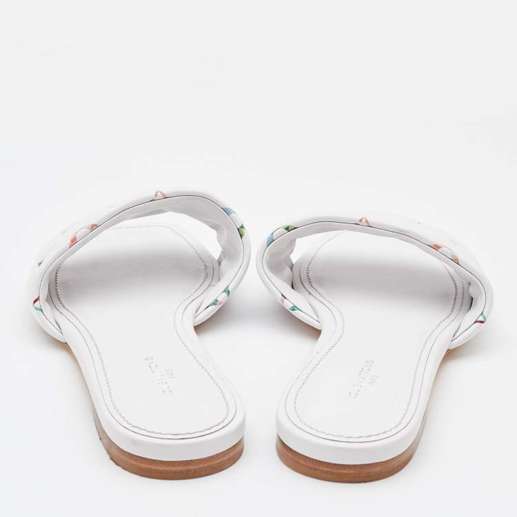 Pre Owned Louis Vuitton White Monogram Embossed Leather Revival Flat Slides Size 38