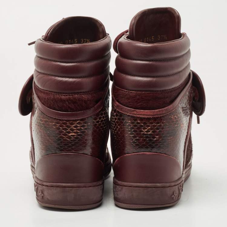 Pre Owned Louis Vuitton Burgundy Calf Hair and Python Leather High Top Sneakers Size 37.5
