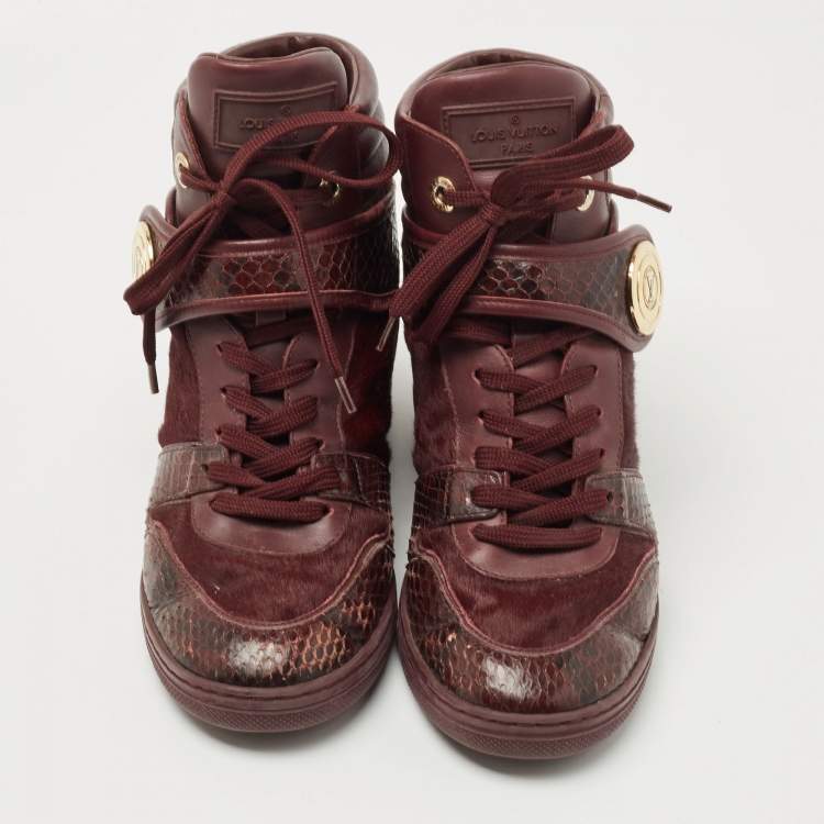 Pre Owned Louis Vuitton Burgundy Calf Hair and Python Leather High Top Sneakers Size 37.5