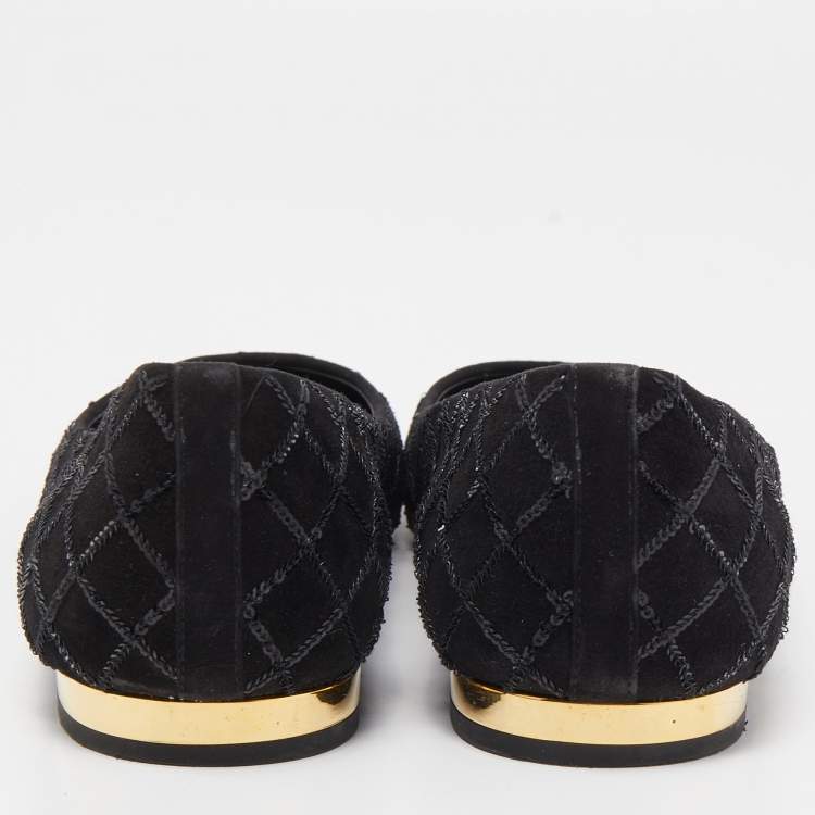 Pre Owned Louis Vuitton Black Suede Sequins Embellished Ballet Flats Size 39