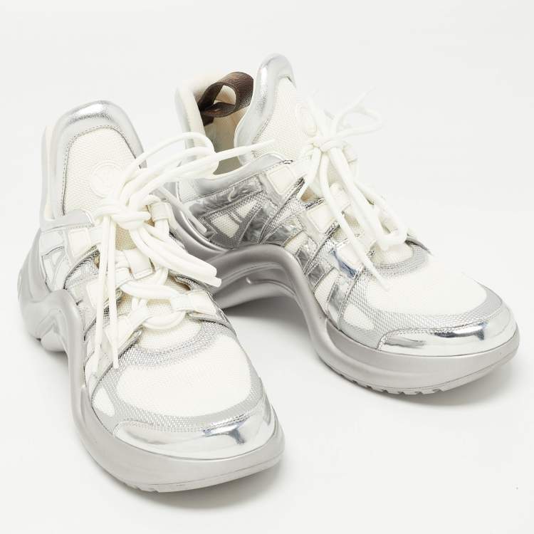 Pre Owned Louis Vuitton Silver/White Leather and Mesh Archlight Sneakers Size 39 