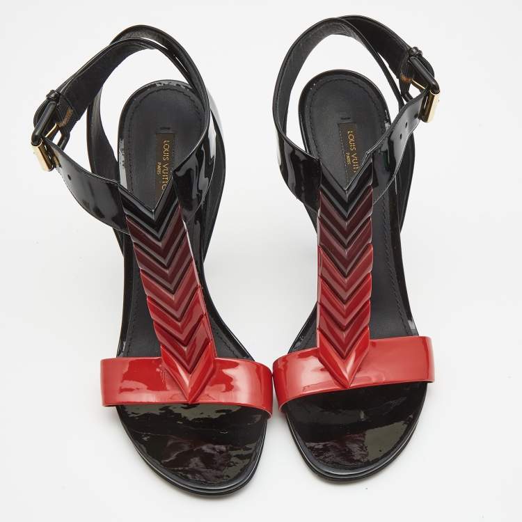 Pre Owned Louis Vuitton Black/Red Patent Leather Ankle Strap Sandals Size 39