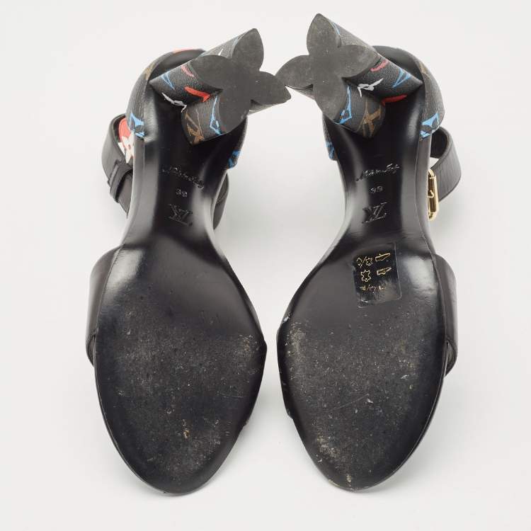 Pre Owned Louis Vuitton Black Canvas and Leather Ankle Strap Sandals Size 39