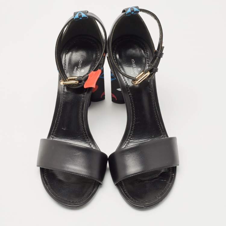 Pre Owned Louis Vuitton Black Canvas and Leather Ankle Strap Sandals Size 39