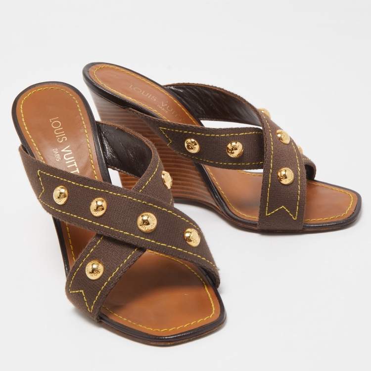 Pre Owned Louis Vuitton Brown Canvas Studded Cross Strap Wedge Sandals Size 38.5