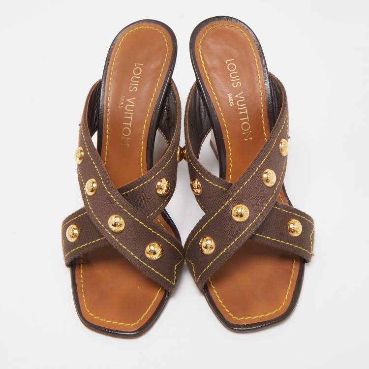Pre Owned Louis Vuitton Brown Canvas Studded Cross Strap Wedge Sandals Size 38.5