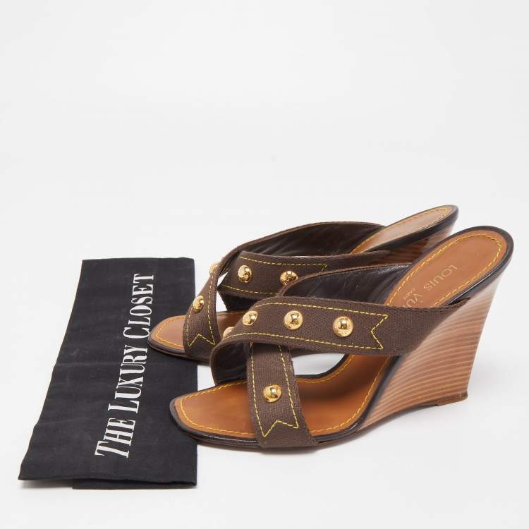 Pre Owned Louis Vuitton Brown Canvas Studded Cross Strap Wedge Sandals Size 38.5