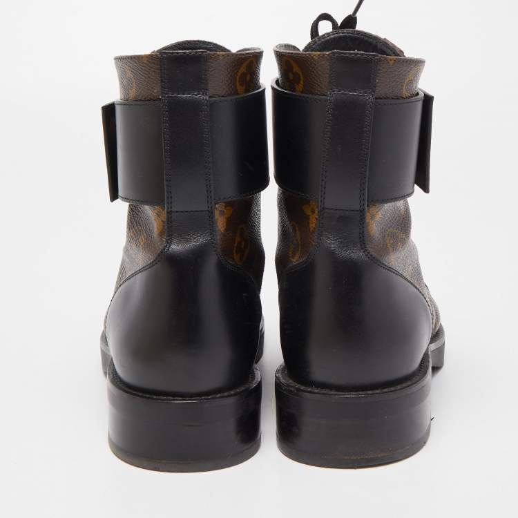 Pre Owned Louis Vuitton Brown Leather and Monogram Canvas  Wonderland Flat Ranger Boots Size 37