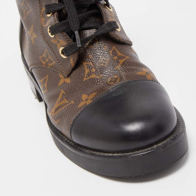 Pre Owned Louis Vuitton Brown Leather and Monogram Canvas  Wonderland Flat Ranger Boots Size 37