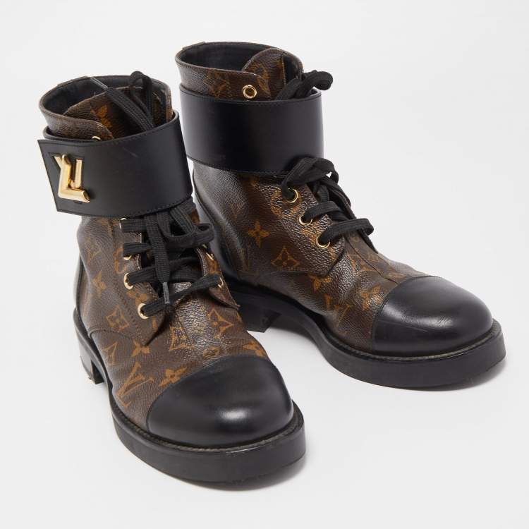 Pre Owned Louis Vuitton Brown Leather and Monogram Canvas  Wonderland Flat Ranger Boots Size 37