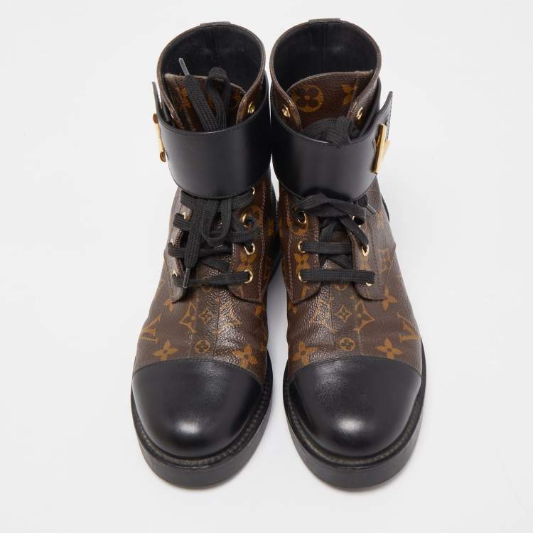 Pre Owned Louis Vuitton Brown Leather and Monogram Canvas  Wonderland Flat Ranger Boots Size 37