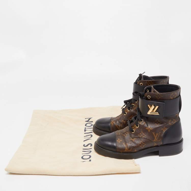Pre Owned Louis Vuitton Brown Leather and Monogram Canvas  Wonderland Flat Ranger Boots Size 37