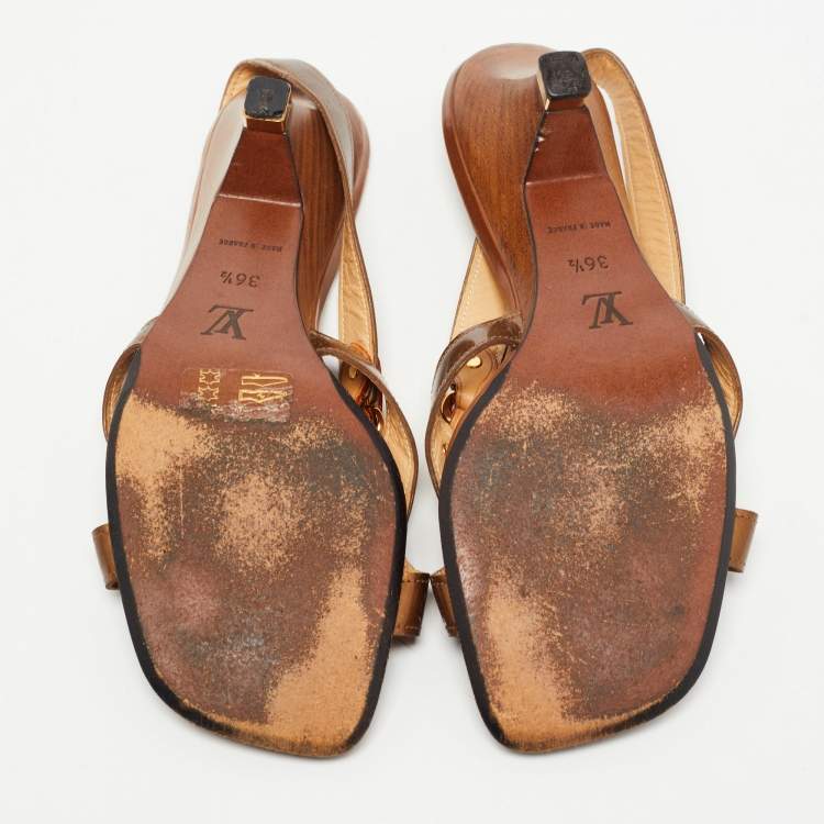Pre Owned Louis Vuitton Bronze/Tan Patent And Leather Buckle Slingback Sandals Size 36.5