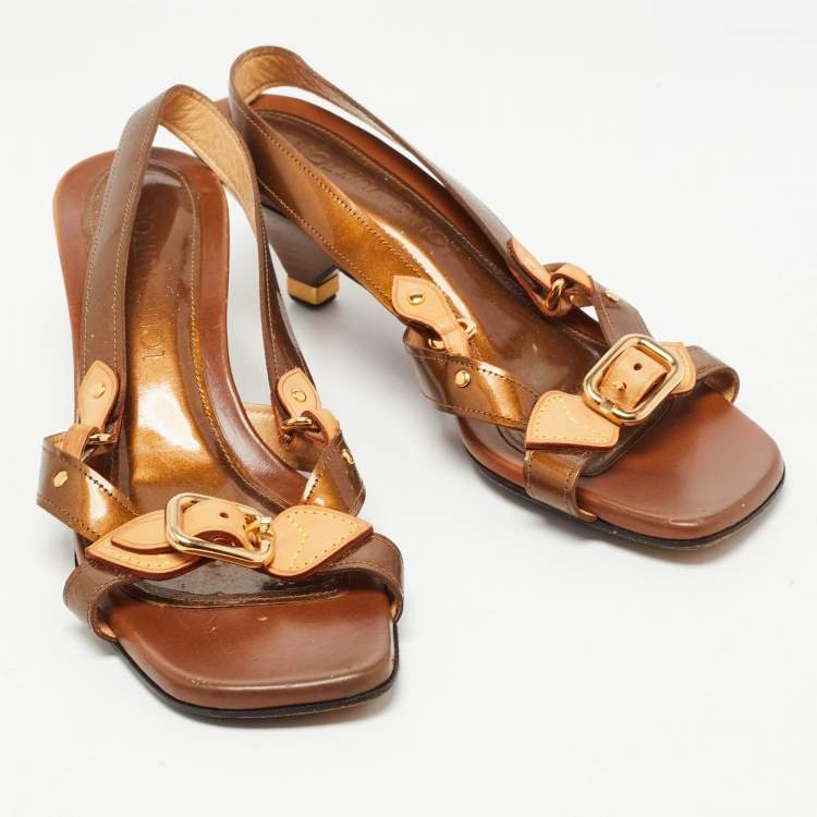 Pre Owned Louis Vuitton Bronze/Tan Patent And Leather Buckle Slingback Sandals Size 36.5