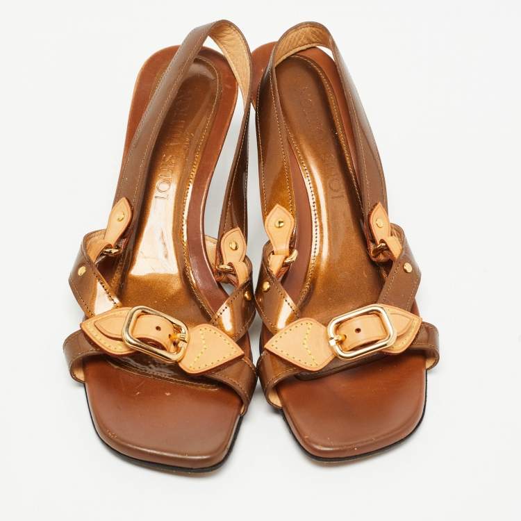 Pre Owned Louis Vuitton Bronze/Tan Patent And Leather Buckle Slingback Sandals Size 36.5