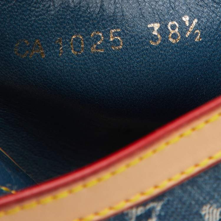 Pre Owned Louis Vuitton Blue/Beige Monogram Denim Espadrille Wedge Mules Size 38.5