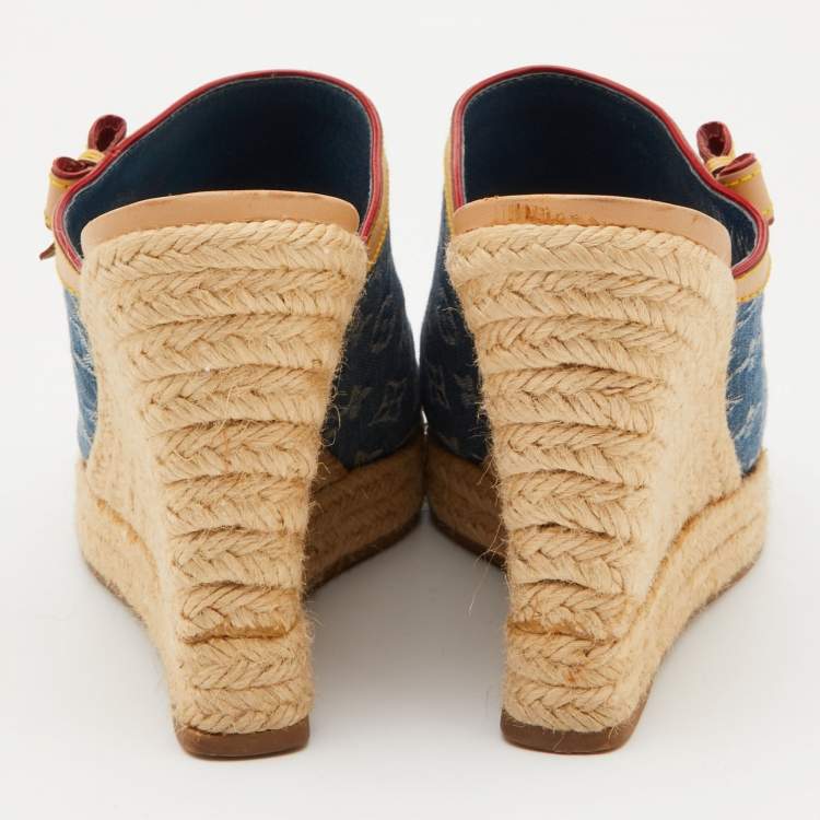 Pre Owned Louis Vuitton Blue/Beige Monogram Denim Espadrille Wedge Mules Size 38.5