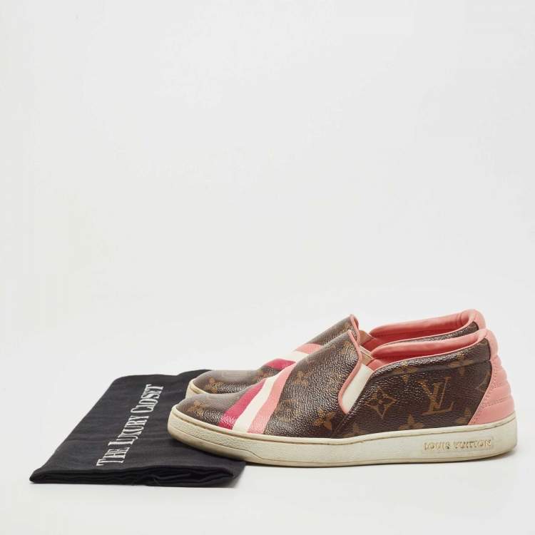 Pre Owned Louis Vuitton Brown/Pink Monogram Canvas And Leather Frontrow Slip On Sneakers Size 36
