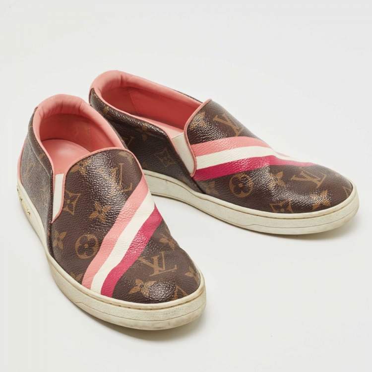 Pre Owned Louis Vuitton Brown/Pink Monogram Canvas And Leather Frontrow Slip On Sneakers Size 36
