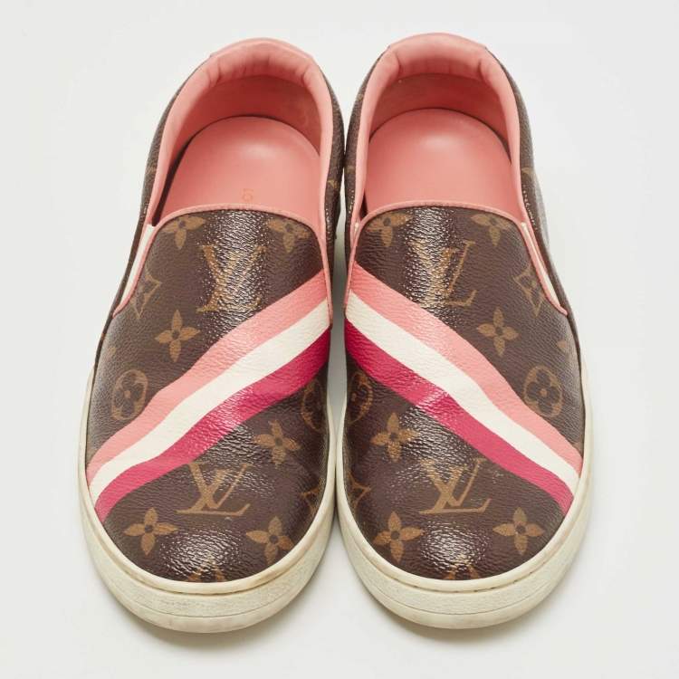 Pre Owned Louis Vuitton Brown/Pink Monogram Canvas And Leather Frontrow Slip On Sneakers Size 36