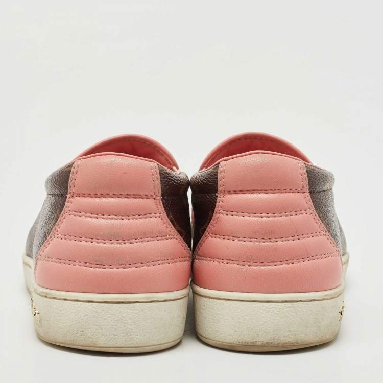Pre Owned Louis Vuitton Brown/Pink Monogram Canvas And Leather Frontrow Slip On Sneakers Size 36
