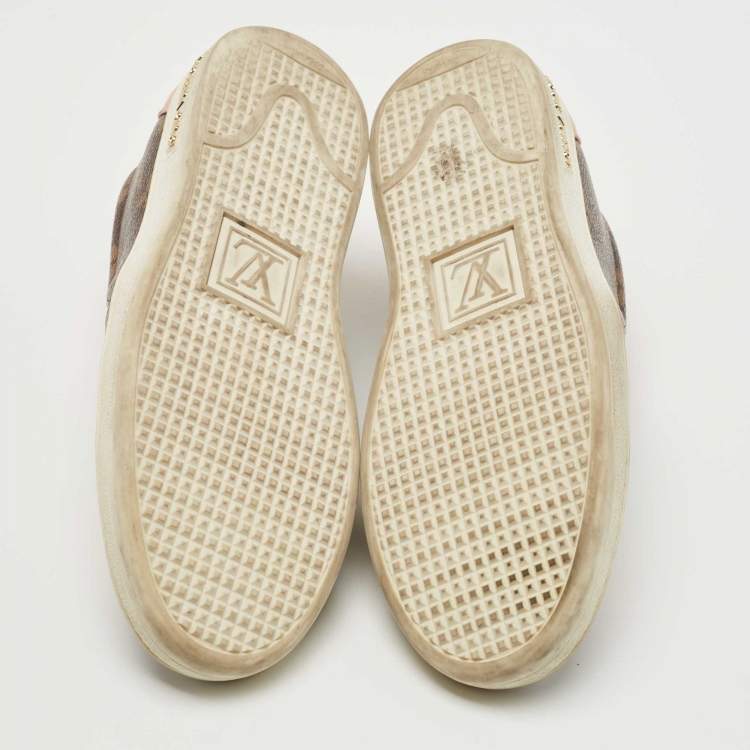 Pre Owned Louis Vuitton Brown/Pink Monogram Canvas And Leather Frontrow Slip On Sneakers Size 36