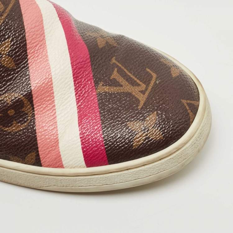 Pre Owned Louis Vuitton Brown/Pink Monogram Canvas And Leather Frontrow Slip On Sneakers Size 36