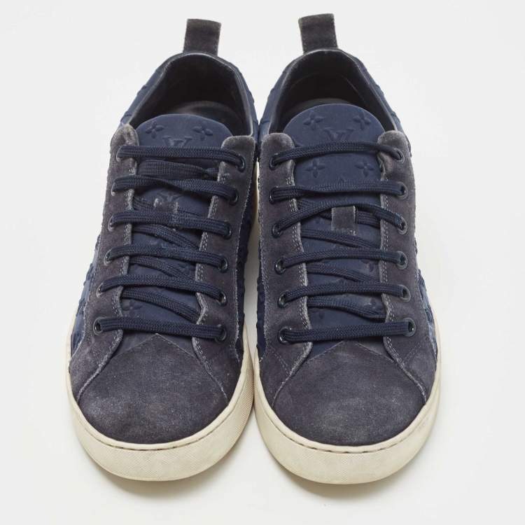 Pre Owned Louis Vuitton Dark Blue Suede And Monogram Fabric Low Top Sneakers Size 39