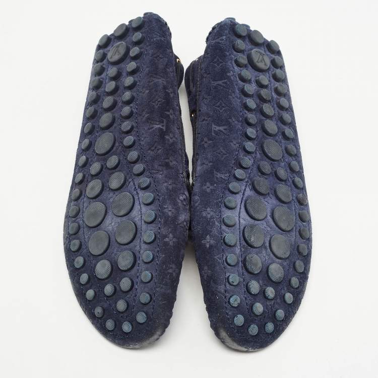 Pre Owned Louis Vuitton Navy Blue Monogram Embossed Suede Gloria Loafers Size 37.5