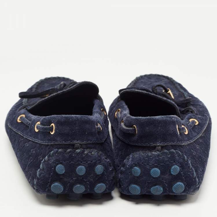 Pre Owned Louis Vuitton Navy Blue Monogram Embossed Suede Gloria Loafers Size 37.5