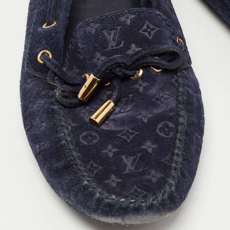 Pre Owned Louis Vuitton Navy Blue Monogram Embossed Suede Gloria Loafers Size 37.5